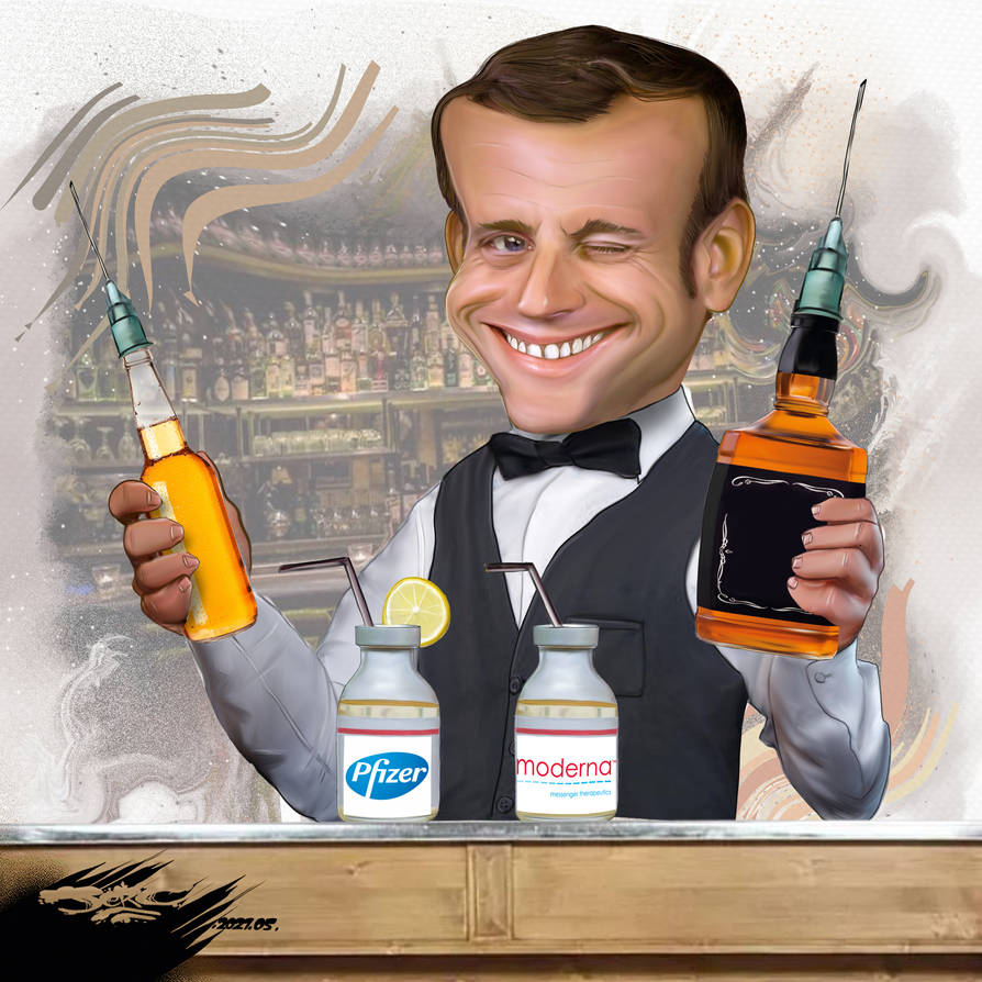 Realistic illustration of Macron being a barman and offering some whiskey